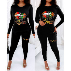 Lip Letter Print Long Sleeve Top & Pants Set - black