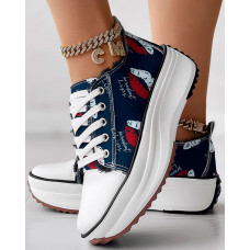 Lip Letter Print Raw Hem Muffin Sneakers - blue