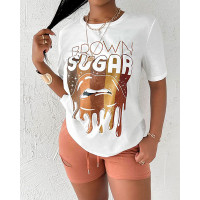 Lip Letter Print T-shirt & Cutout Drawstring Shorts Set - brown