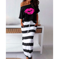 Lip Pattern T-Shirt & Striped Skirt Set - black