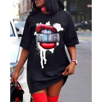 Lip Print Colorblock Casual T-shirt Dress - black