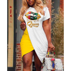 Lip Queen Letter Print Wrap Casual Dress - yellow