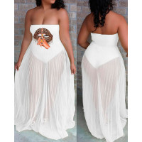 Lip Slogan Print Bandeau Mesh Maxi Dress - white Lip Slogan Print Bandeau Mesh Maxi Dress - white