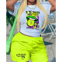 Lip Tongue Letter Print Short Sleeve Top & Shorts Set - Neon