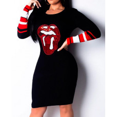 Lips Sequin Patch Stripes Long Sleeve Dress - black