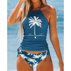 Live Simple Coconut Tree Print Drawstring Halter Tankini Set - blue