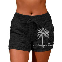 Live Simple Coconut Tree Print Drawstring Shorts - black