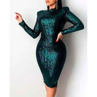 Long Sleeve Allover Sequins Dress - dark green