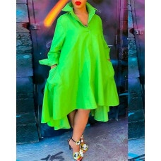 Long Sleeve Asymmetrical Hem Shirt Dress - green