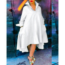 Long Sleeve Asymmetrical Hem Shirt Dress - white