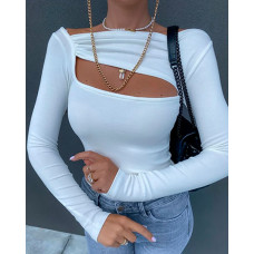 Long Sleeve Asymmetrical Neck Cutout Skinny Top - white