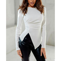 Long Sleeve Asymmetrical Split Knit Top - white