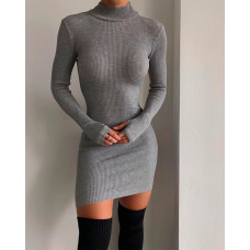 Long Sleeve Backless Ribbed Bodycon Dress - gray