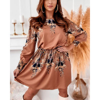 Long Sleeve Baroque Print Dress - khaki