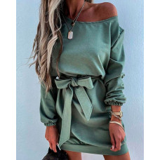 Long Sleeve Belted Casual Dress - green