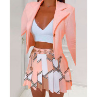 Long Sleeve Blazer Coat & Scarf Print Pleated Skirt Set - pink