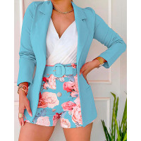 Long Sleeve Blazer & Floral Print Shorts Set With Belt - blue