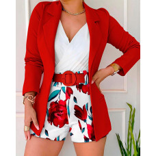 Long Sleeve Blazer & Floral Print Shorts Set With Belt - red