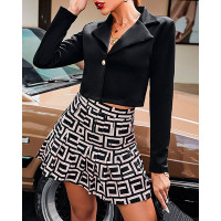 Long Sleeve Blazer & Geo Print Pleated Skirt Set - black