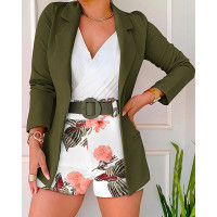 Long Sleeve Blazer & Plants Print Shorts Set With Belt - Army green