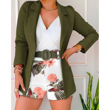 Long Sleeve Blazer & Plants Print Shorts Set With Belt - Army green