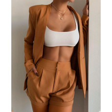 Long Sleeve Blazer & Roll Hem Shorts Set - khaki