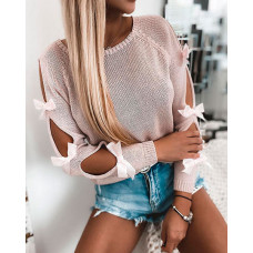 Long Sleeve Bowknot Cutout Sweater - pink