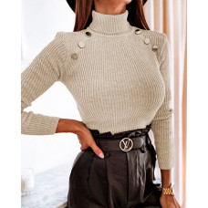 Long Sleeve Button Decor Turtleneck Knit Top - Apricot