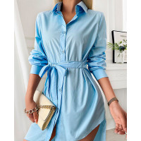 Long Sleeve Button Design Asymmetrical Shirt Dress - blue