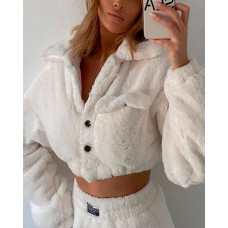 Long Sleeve Button Design Fluffy Crop Coat - white