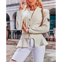 Long Sleeve Button Design Ruffles Coat - beige