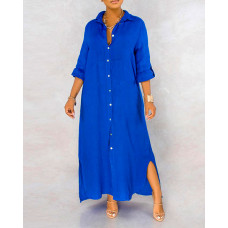 Long Sleeve Button Design Slit Shirt Dress - blue