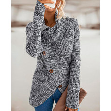 Long Sleeve Button Design Waffle Knit Sweater - gray