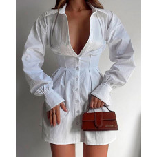 Long Sleeve Button Down Corset Shirt Dress - white