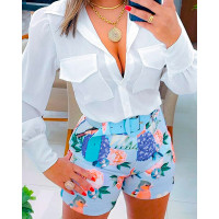 Long Sleeve Button Down Shirt & Floral Print Shorts Set - style1