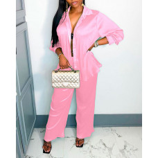 Long Sleeve Button Down Shirt & Pants Set - pink