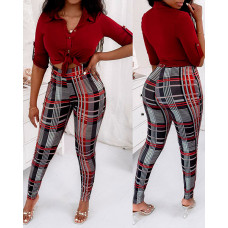 Long Sleeve Button Down Shirt & Plaid Pants Set - red