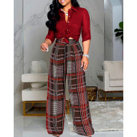 Long Sleeve Button Down Shirt & Plaid Pants Set - Wine red