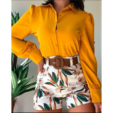 Long Sleeve Button Down Shirt & Plants Print Shorts Set With Belt - yellow