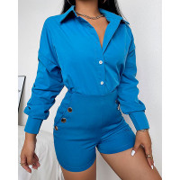 Long Sleeve Button Front Blouse & Shorts Set - blue