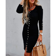 Long Sleeve Button Front Bodycon Dress - black