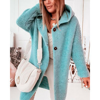 Long Sleeve Button Front Hooded Cardigan - blue