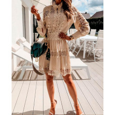 Long Sleeve Button Front Lace Dress - khaki