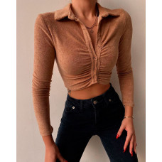 Long Sleeve Button Front Ruched Crop Top - khaki