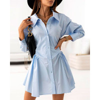 Long Sleeve Button Front Ruched Shirt Dress - blue