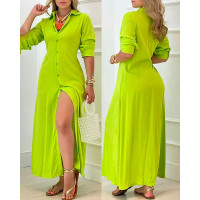 Long Sleeve Button Front Shirt Dress - green