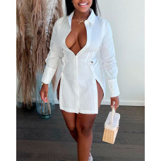 Long Sleeve Button Front Split Hem Shirt Dress - white