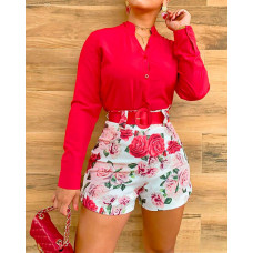 Long Sleeve Button Front Top & Floral Print Shorts Set - red