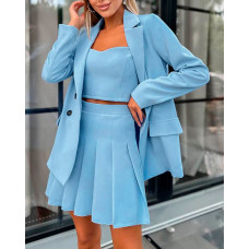 Long Sleeve Button Pocket Decor Blazer Coat - sky blue