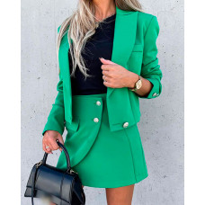 Long Sleeve Buttoned Blazer & Skirt Set - green